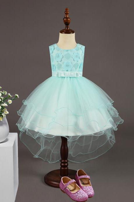 High Low Flower Girl Dress Sleeveless Trailing Wedding Birthday Toddler Party Tutu Gown Children Clothes aqua