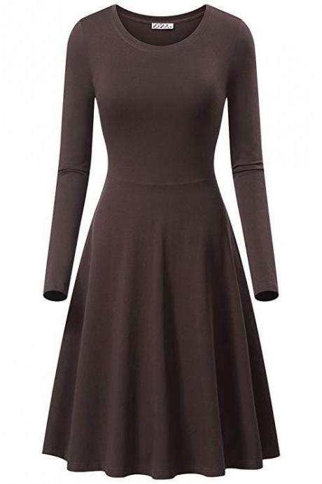 Women Casual Dress Autumn Long Sleeve O Neck Slim Work Office A Line Formal Party Dress Coffee