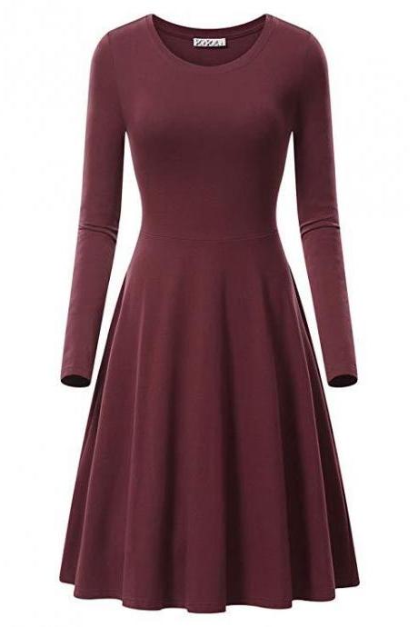 Women Casual Dress Autumn Long Sleeve O Neck Slim Work Office A Line Formal Party Dress wine red