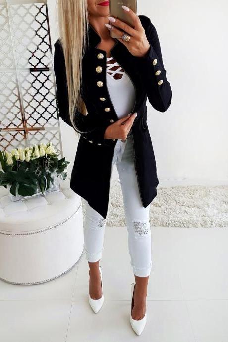 Women Slim Suit Coat Autumn Long Sleeve Single Breasted Button Ol Casual Blazer Jacket Outwear Black