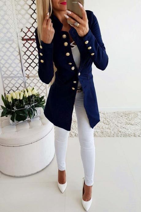 Women Slim Suit Coat Autumn Long Sleeve Single Breasted Button OL Casual Blazer Jacket Outwear dark blue