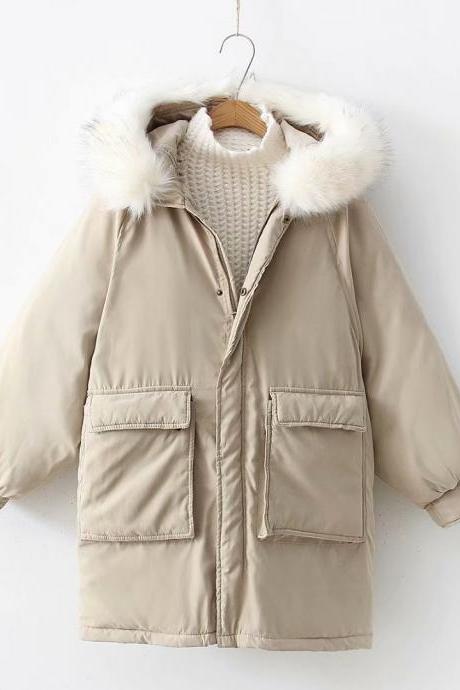 Women Parkas Coat Winter Warm Thick Long Sleeve Pockets Hooded Casual Loose Cotton Down Jacket khaki