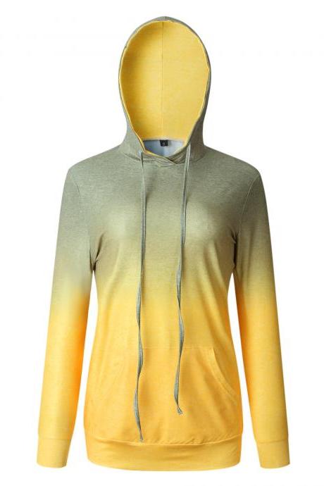  Women Hoodies Harajuku Pullover Pockets Drawstring Casual Slim Gradient Color Hooded Sweatshirt yellow