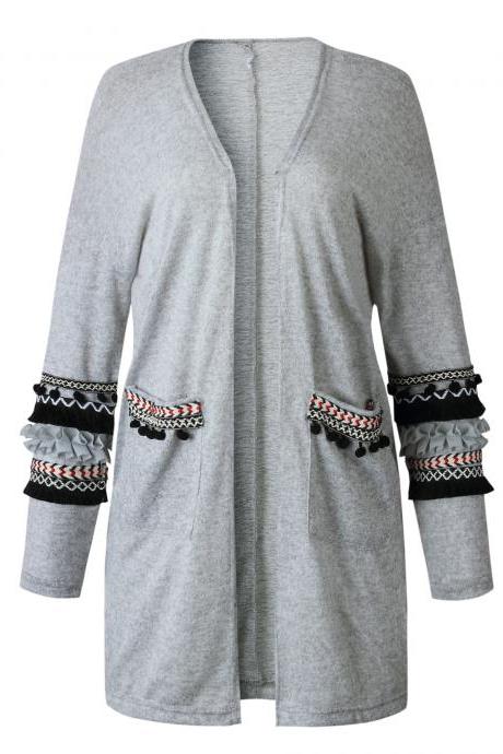 Women Knitted Sweater Coat Autumn Winter Long Sleeve Casual Streetwear Warm Open Stitch Cardigan Jacket Light Gray