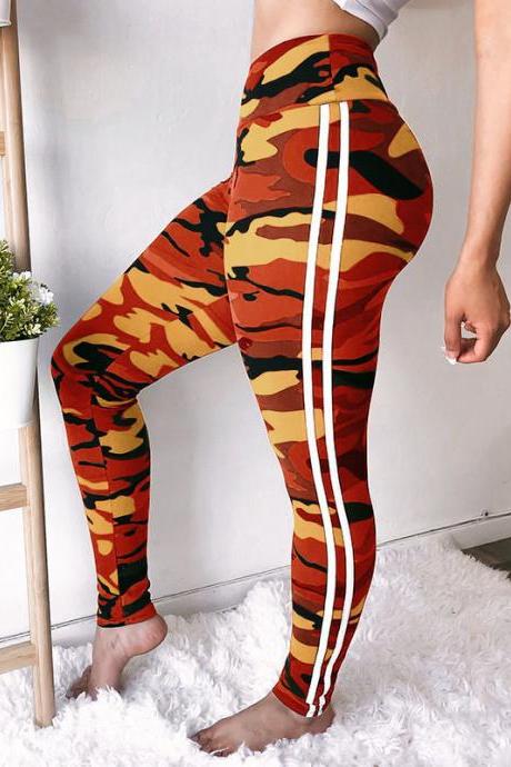  Women Camouflage Printed Leggings Elastic Waist Skinny Casual Fitness Jegging Camo Sweatpants Pencil Pants orange