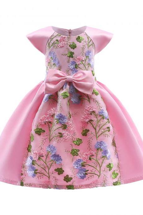 Embroidery Lace Flower Girl Dress Cap Sleeve Princess Birthday Formal Party Tutu Gown Children Kids Clothes pink