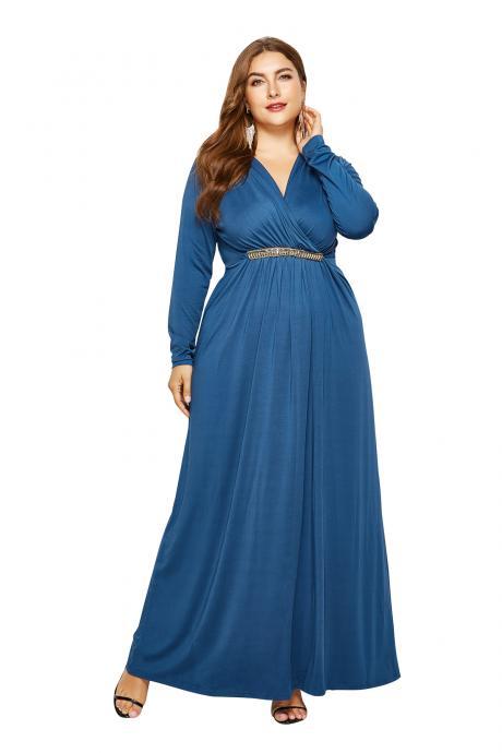  Women Maxi Dress V Neck Long Sleeve Elastic Waist Plus Size Long Formal Evening Party Dress blue