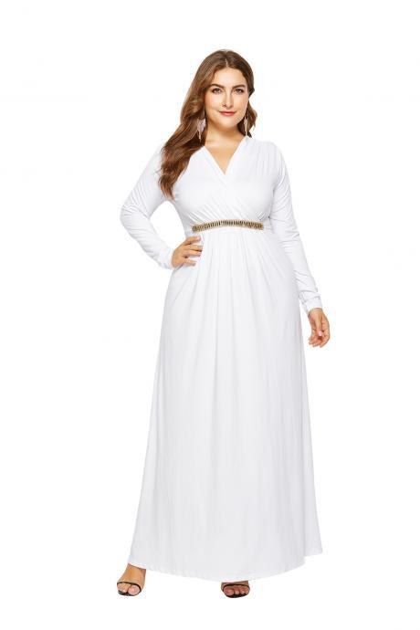Women Maxi Dress V Neck Long Sleeve Elastic Waist Plus Size Long Formal Evening Party Dress off white
