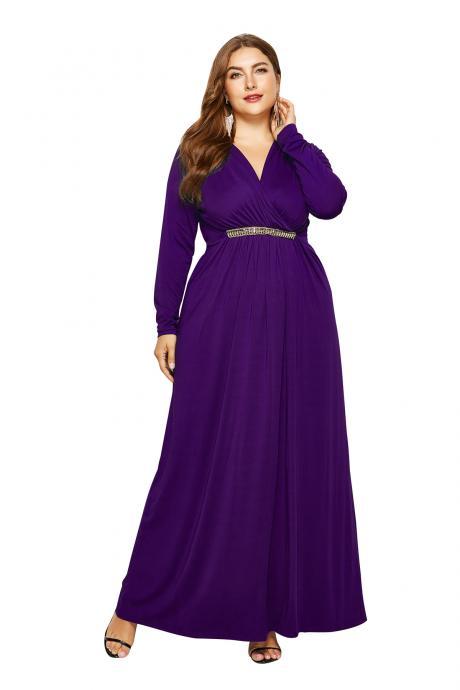 Women Maxi Dress V Neck Long Sleeve Elastic Waist Plus Size Long Formal Evening Party Dress purple