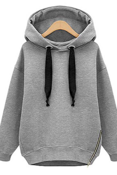 Women Hooded Sweatshirt Autumn Winter Warm Long Sleeve Zipper Casual Loose Bf Hoodies Gray