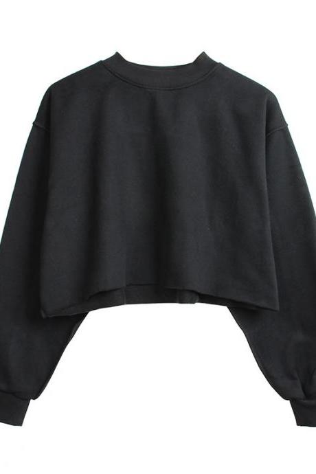 Women Crop Tops Autumn Winter Long Sleeve Pullover Casual Loose Short Fleece Sweatshirt black