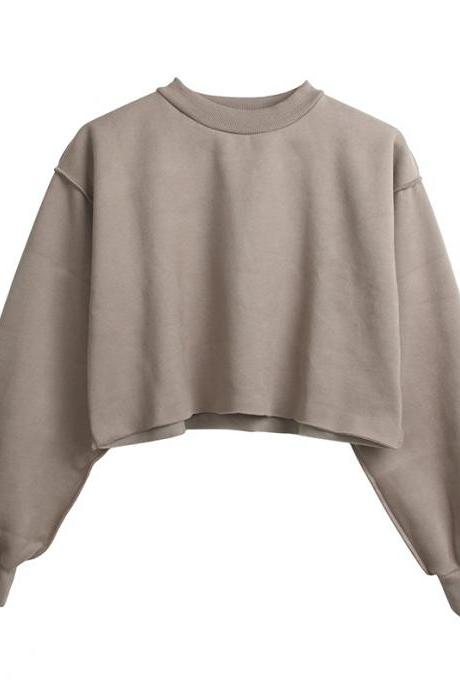 Women Crop Tops Autumn Winter Long Sleeve Pullover Casual Loose Short Fleece Sweatshirt Gray