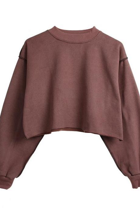  Women Crop Tops Autumn Winter Long Sleeve Pullover Casual Loose Short Fleece Sweatshirt reddish brown