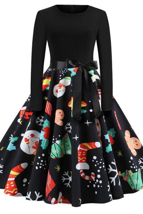 Women Christmas Dress Vintage Casual Long Sleeve Belted A Line Floral Printed Formal Party Dress 3#
