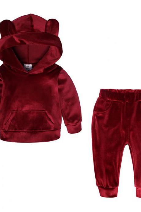 Baby Boys Girls Velvet Tracksuit Autumn Hoodie Long Pants Two Pieces Clothing Sets Children Outfits Crimson