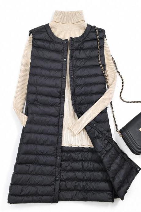 Women Ultra Light Vest Coat Autumn Winter Warm Slim Long Waistcoat Duck Down Sleeveless Jacket black