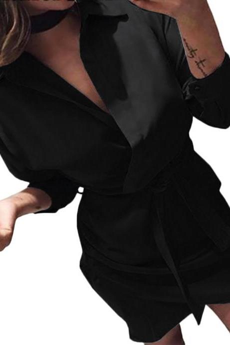 Women Shirt Dress Autumn Long Sleeve Turn-Down Collar Belted Casual Club Party Dress black