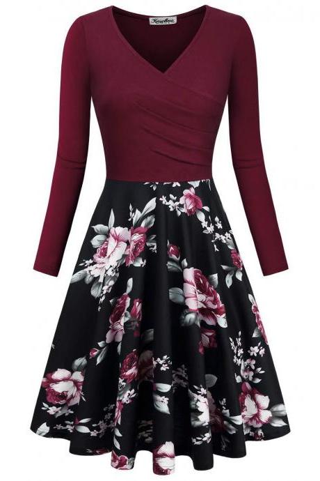  Women Floral Printed Dress Autumn V Neck Long Sleeve Patchwork Slim A Line Casual Party Dress wine red