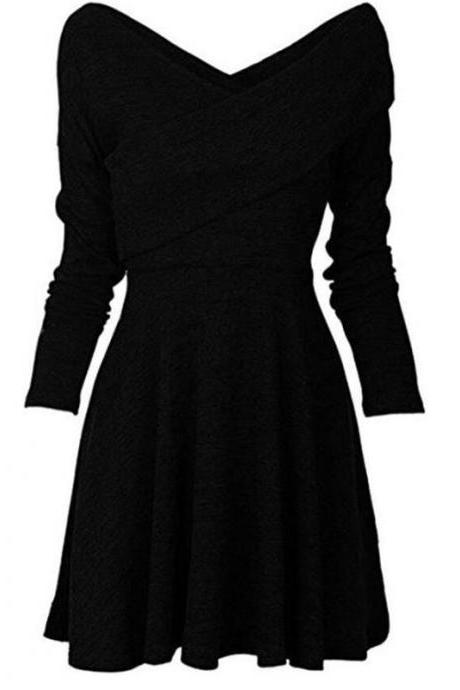  Women Autumn Casual Dress Cross V Neck Long Sleeve Basic Slim Knitted A Line Party Dress black