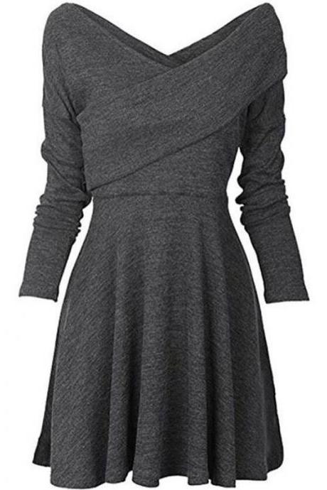 Women Autumn Casual Dress Cross V Neck Long Sleeve Basic Slim Knitted A Line Party Dress gray