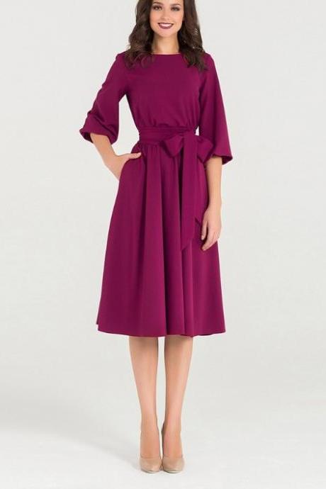 Women Midi Dress Autumn Winter Casual 3/4 Sleeve Bow Belted Pockets Swing Work Office Dress Fuchsia