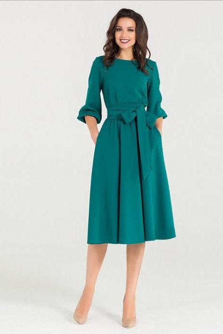 Women Midi Dress Autumn Winter Casual 3/4 Sleeve Bow Belted Pockets Swing Work Office Dress Green