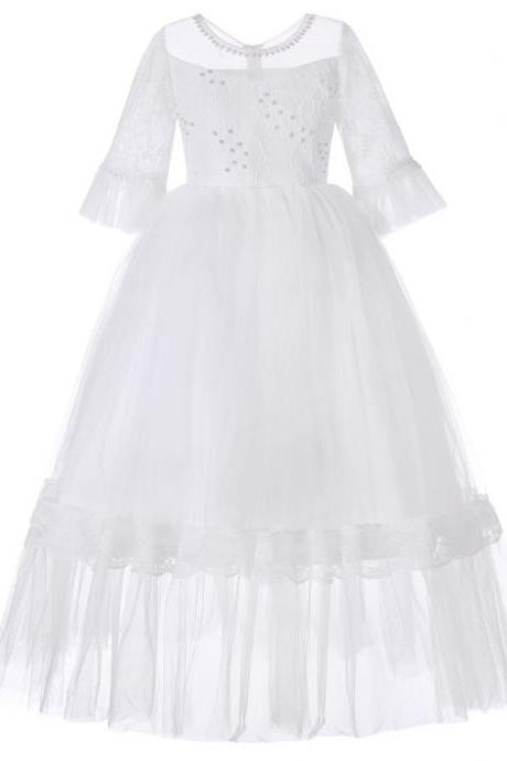 Princess Flower Girl Dress Lace Half Sleeve Kids Wedding Bridesmaid Party Long Gown Children Clothes Off White