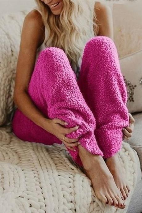 Women Velvet Pants Autumn Winter Warm Thick Fleece Causal Loose Plus Size Trousers hot pink