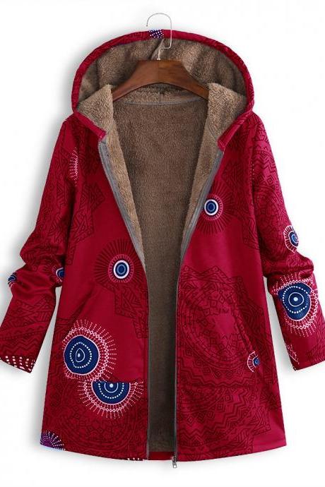Women Hooded Coat Vintage Floral Printed Winter Warm Plus Size Casual Fleece Jacket Red