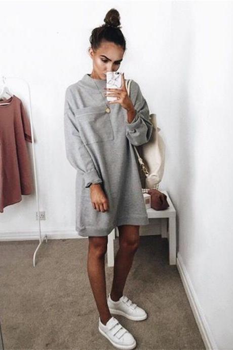 Women Sweatshirt Dress Autumn Winter Long Sleeve Solid Pocket Casual Loose Mini Dress gray