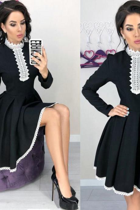 Women Lace Patchwork Dress Autumn Long Sleeve Casual Slim A Line Formal Party Dress Black