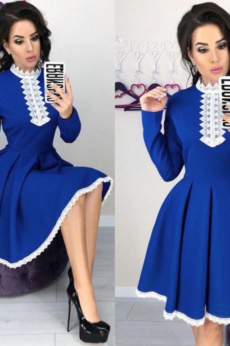 Women Lace Patchwork Dress Autumn Long Sleeve Casual Slim A Line Formal Party Dress Blue