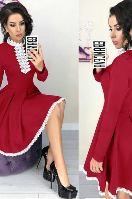 Women Lace Patchwork Dress Autumn Long Sleeve Casual Slim A Line Formal Party Dress Red
