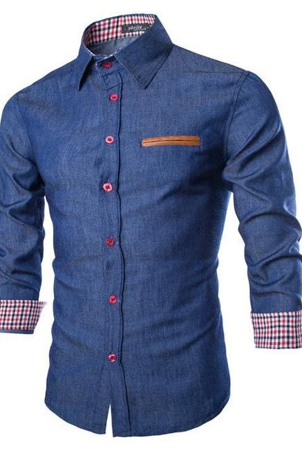 Men Denim Shirt Autumn Turn-down CollarLong Sleeve Button Slim Fit Casual Jeans Shirt dark blue