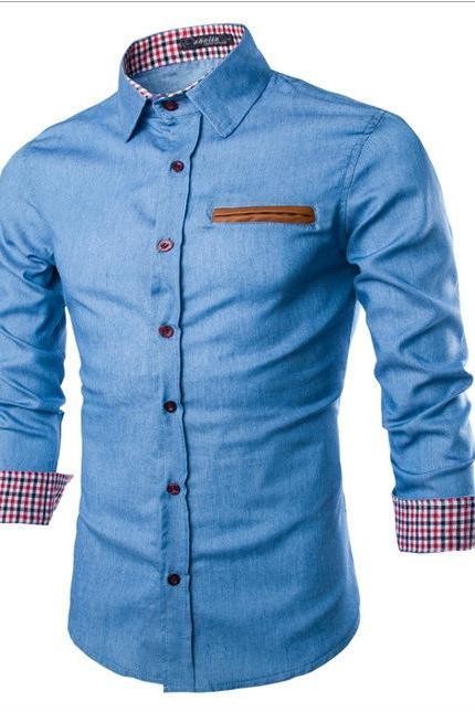 Men Denim Shirt Autumn Turn-down CollarLong Sleeve Button Slim Fit Casual Jeans Shirt light blue
