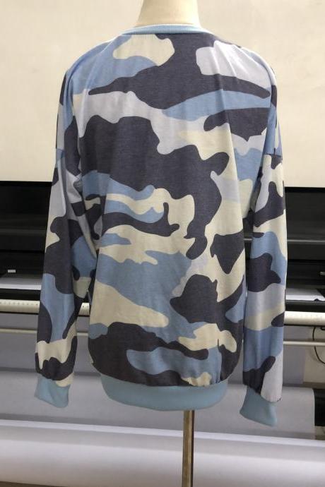 Women Camouflage Printed Sweatshirt Autumn Casual O Neck Long Sleeve Loose Pullover Tops blue
