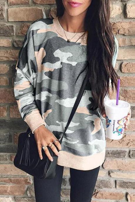 Women Camouflage Printed Sweatshirt Autumn Casual O Neck Long Sleeve Loose Pullover Tops Khaki