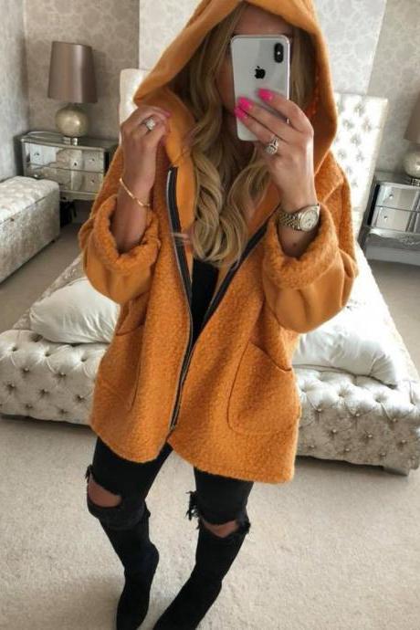 Women Plush Coat Autumn Winter Hooded Zipper Pocket Long Sleeve Warm Casual Loose Jacket Outerwear orange