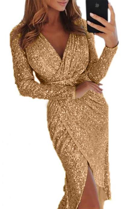 Women Sequined Dress V Neck High Split Long Sleeve Asymmetrical Bodycon Sexy Night Club Party Dress Gold