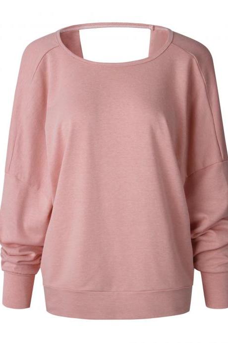 Women Sweatshirt Spring Autumn Oversized Long Sleeve Backless Cross Casual Loose Pullover Tops pink