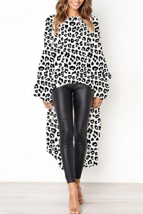 Women Asymmetrical Dress Long Lantern Sleeve Streetwear Leopard Printed Casual Tops 100238-off white