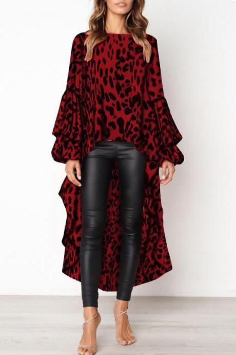  Women Asymmetrical Dress Long Lantern Sleeve Streetwear Leopard Printed Casual Tops 101106-red