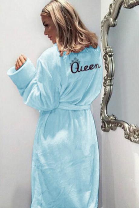  Women Flannel Pajamas Winter Warm Belted Long Sleeve Letter Printed Night Dress Sleepwear Bathrobe off white