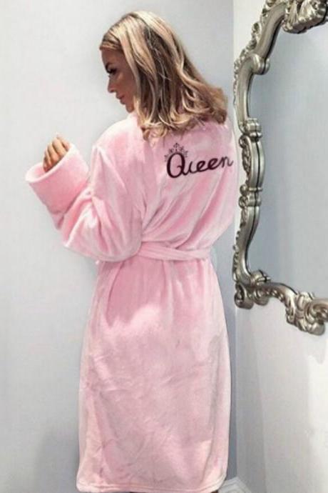 Women Flannel Pajamas Winter Warm Belted Long Sleeve Letter Printed Night Dress Sleepwear Bathrobe pink