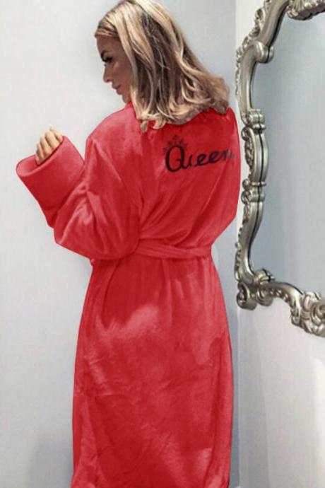  Women Flannel Pajamas Winter Warm Belted Long Sleeve Letter Printed Night Dress Sleepwear Bathrobe red