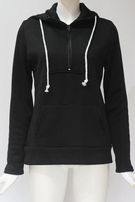  Womens Hoodies Autumn Winter Casual Zipper Hooded Pockets Sweatshirt Pullover Tops black