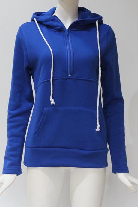 Womens Hoodies Autumn Winter Casual Zipper Hooded Pockets Sweatshirt Pullover Tops blue