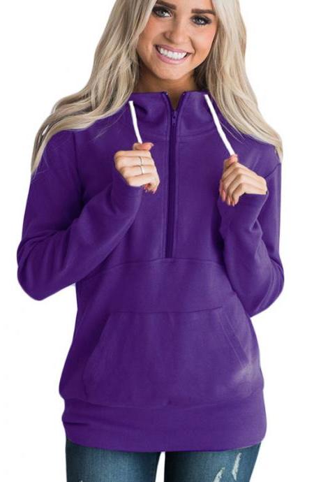  Womens Hoodies Autumn Winter Casual Zipper Hooded Pockets Sweatshirt Pullover Tops purple