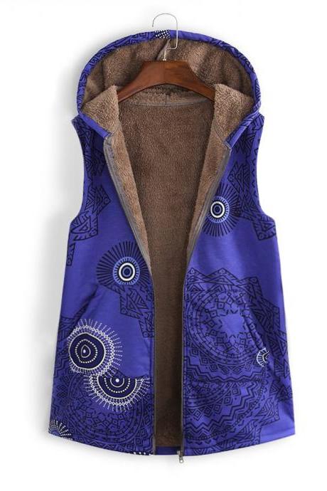 Women Floral Printed Waistcoat Winter Warm Hooded Pockets Vest Thicken Casual Plus Size Sleeveless Coat Outwear blue