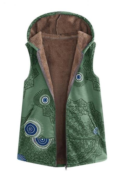 omen Floral Printed Waistcoat Winter Warm Hooded Pockets Vest Thicken Casual Plus Size Sleeveless Coat Outwear green